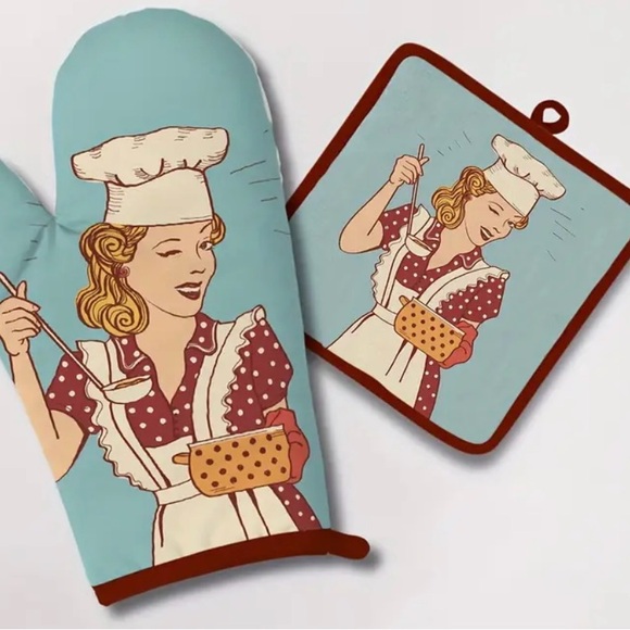 Vintage Oven Mitt & Pot Holder Set - Retro Woman Design, Heat Resistant, Decor - Picture 11 of 13